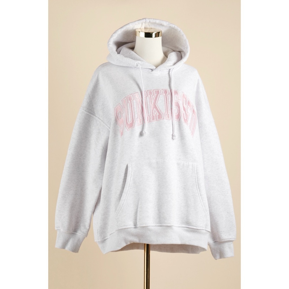 Sz L Sunkissed Coconut Pearl Grey Pink Thread Varsity Embroidered Hoodie NWOT